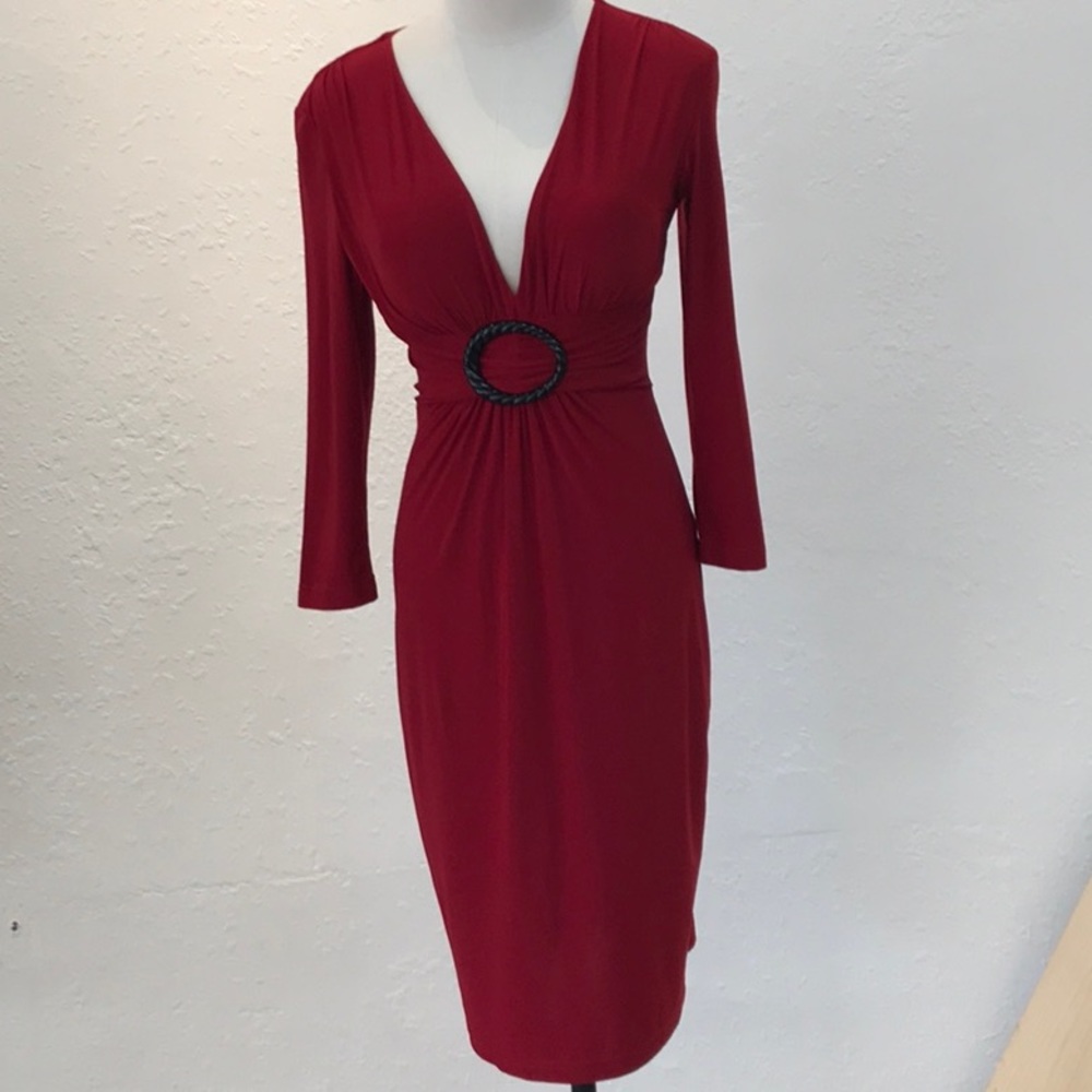 Red mid shirring long dress